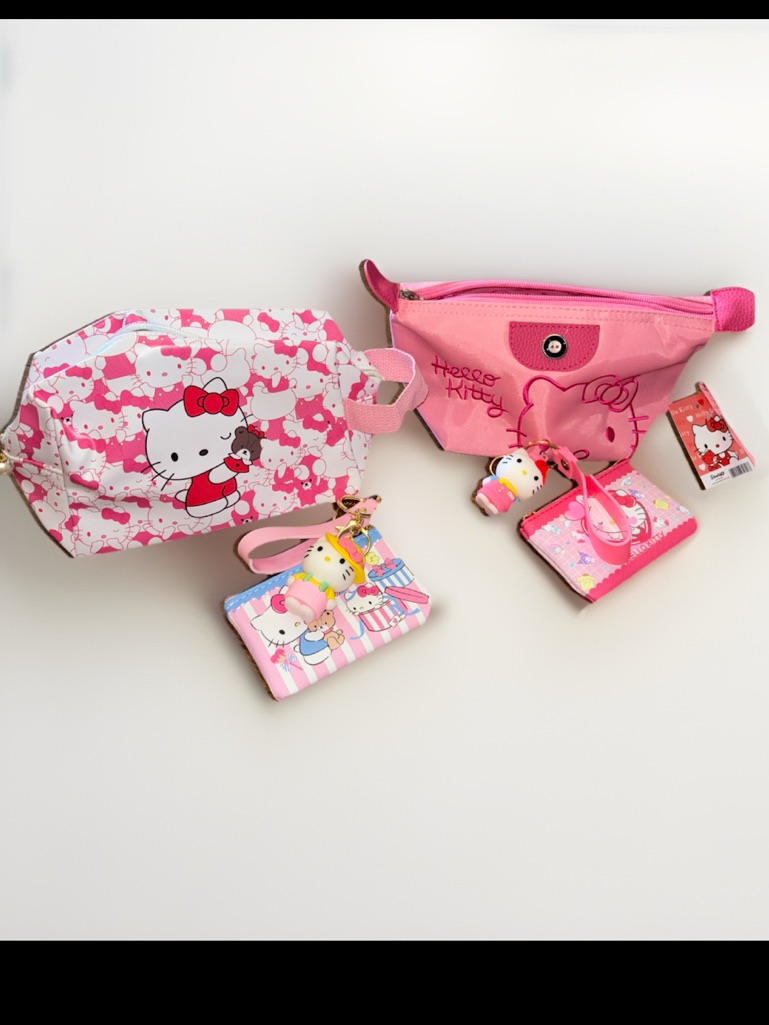 Hello Kitty Pink And White Cosmetic Pouch, Coin Purse & Keychain Set